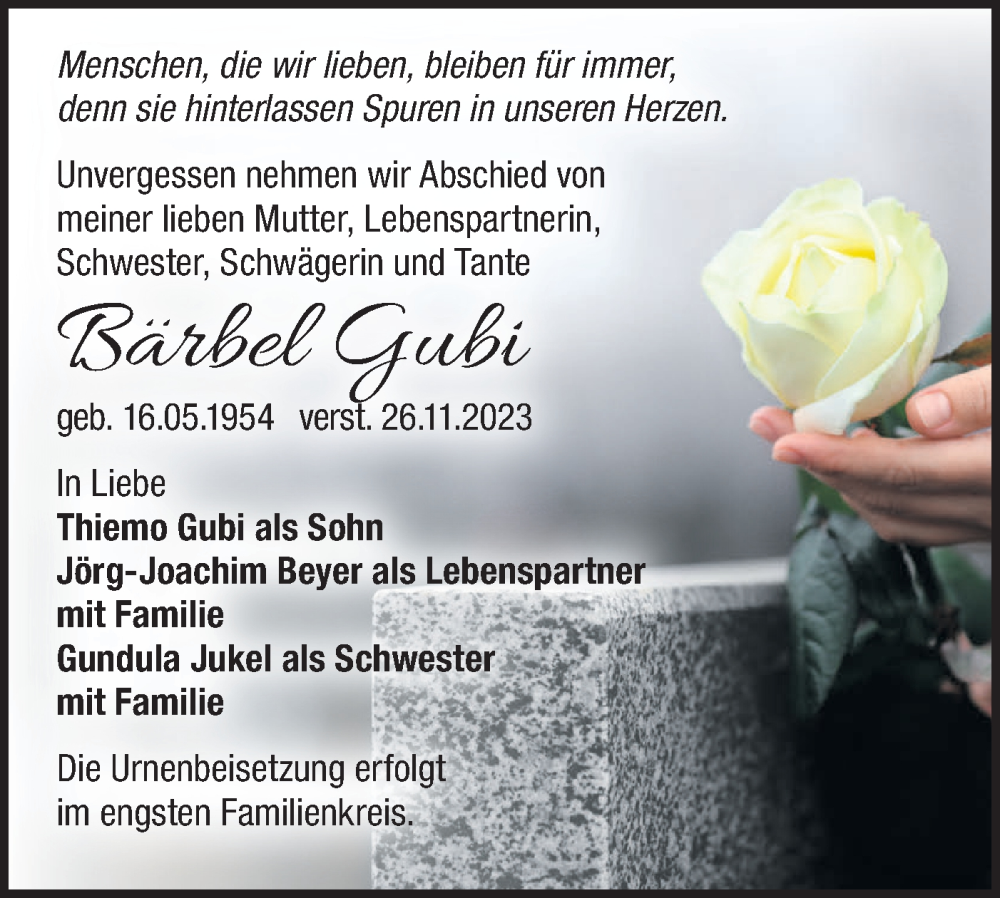 Traueranzeige für Bärbel Gubi vom 02.12.2023 aus Märkische Oderzeitung