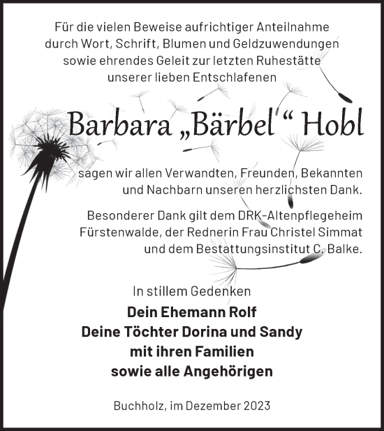 Traueranzeige von Barbara Hobl von Märkische Oderzeitung