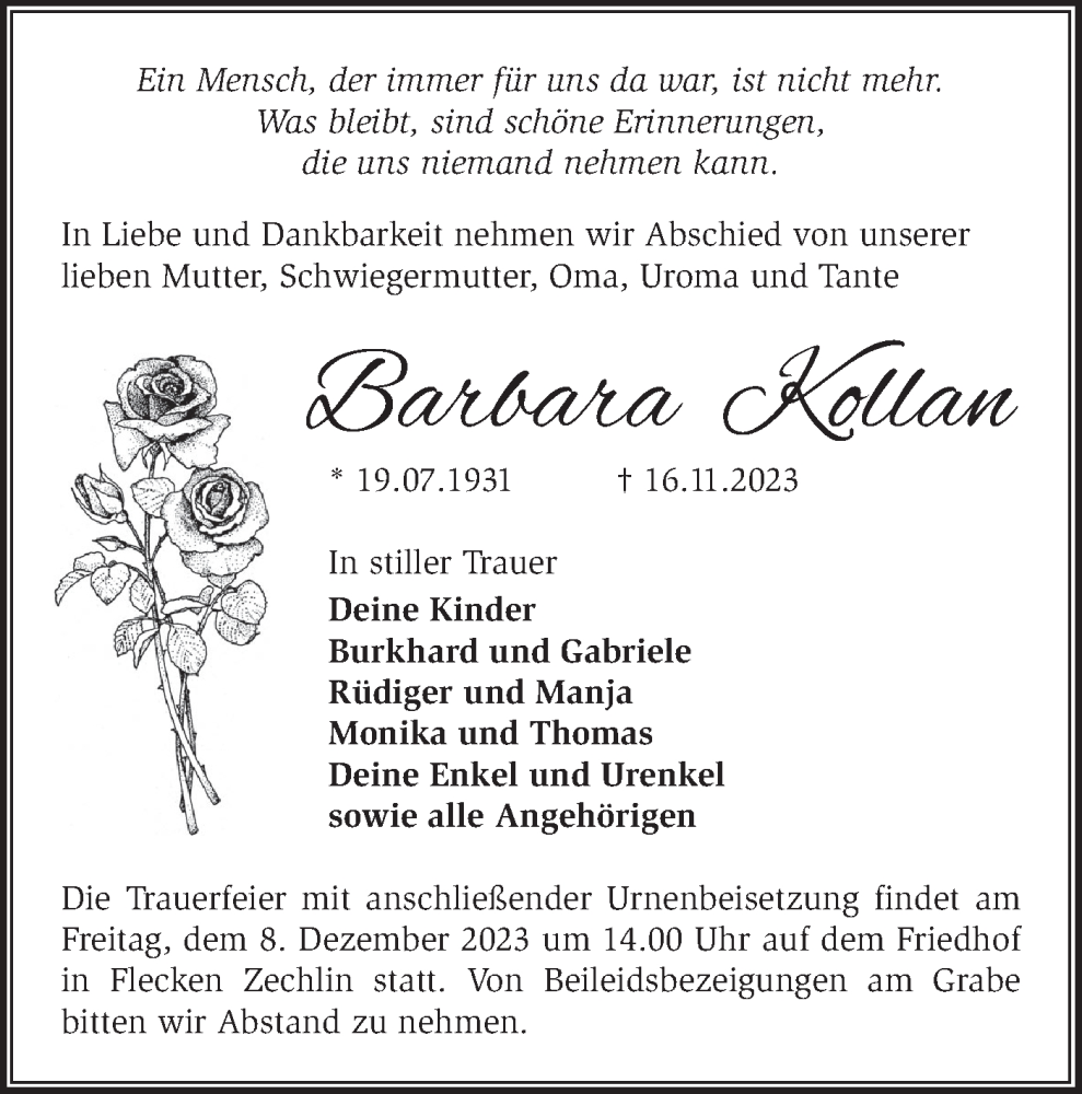  Traueranzeige für Barbara Kollan vom 02.12.2023 aus Märkische Oderzeitung