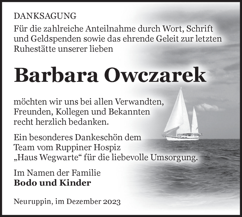  Traueranzeige für Barbara Owczarek vom 23.12.2023 aus Märkische Oderzeitung