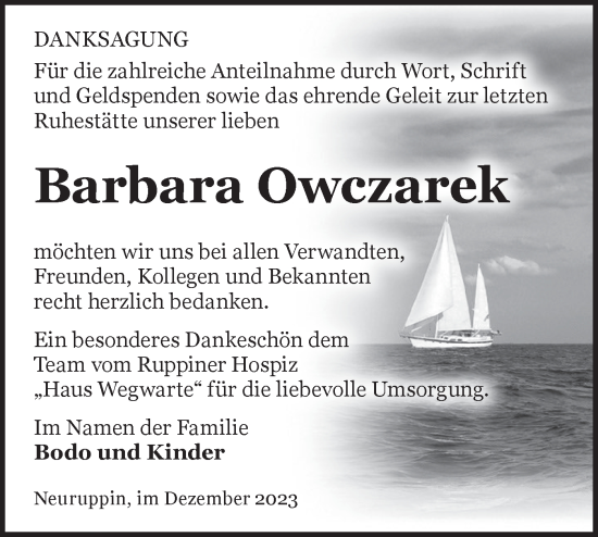 Traueranzeige von Barbara Owczarek von Märkische Oderzeitung