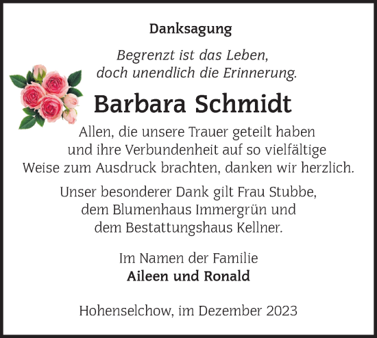 Traueranzeige von Barbara Schmidt von Märkische Oderzeitung