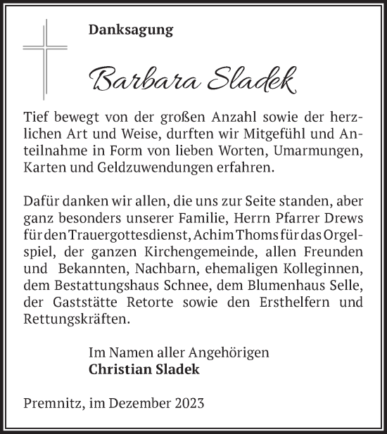 Traueranzeige von Barbara Sladek von Märkische Oderzeitung