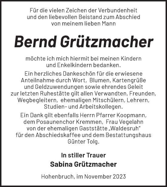 Traueranzeige von Bernd Grützmacher von Märkische Oderzeitung