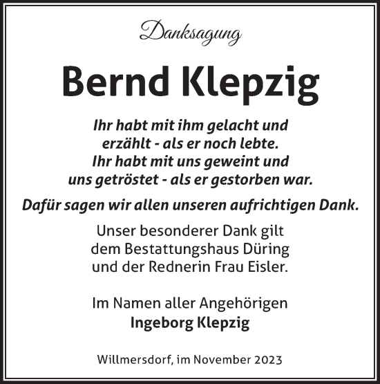 Traueranzeige von Bernd Klepzig von Märkische Oderzeitung