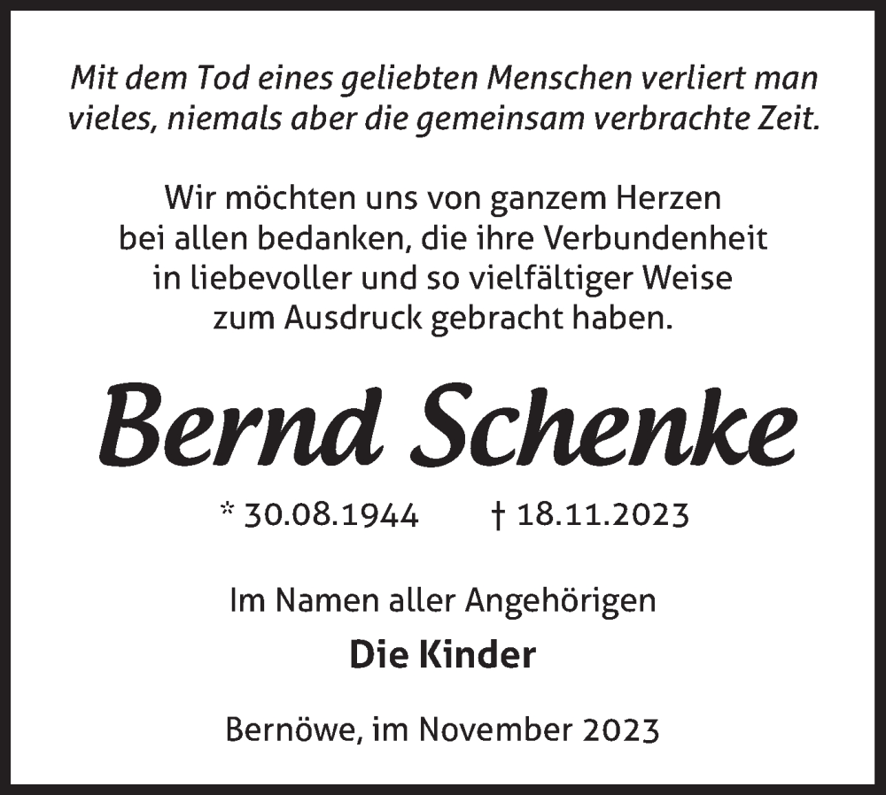  Traueranzeige für Bernd Schenke vom 02.12.2023 aus Märkische Oderzeitung