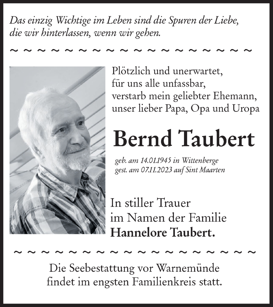  Traueranzeige für Bernd Taubert vom 01.12.2023 aus Märkische Oderzeitung