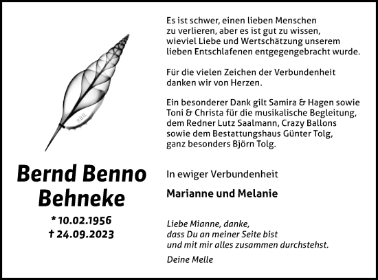 Traueranzeige von Bernd Benno Behneke von Märkische Oderzeitung