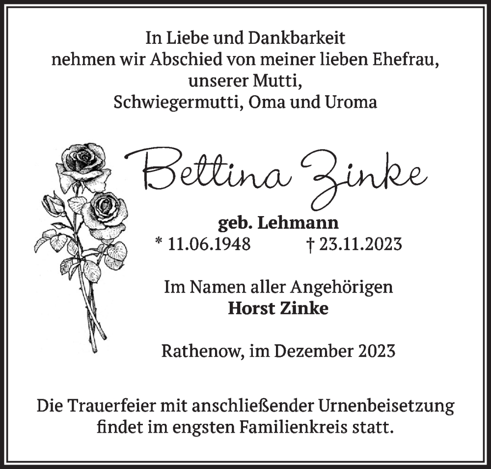  Traueranzeige für Bettina Zinke vom 02.12.2023 aus Märkische Oderzeitung