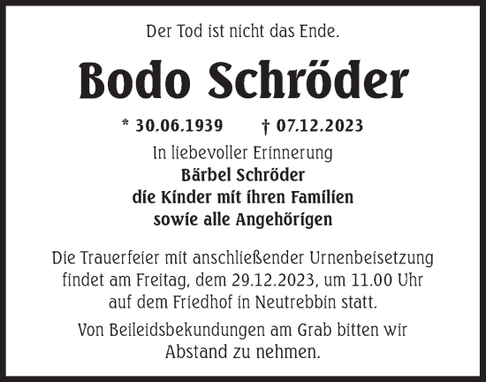 Traueranzeige von Bodo Schröder von Märkische Oderzeitung