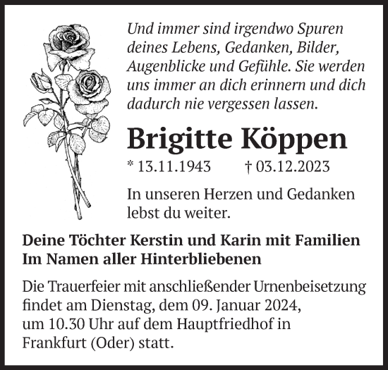 Traueranzeige von Brigitte Köppen von Märkische Oderzeitung