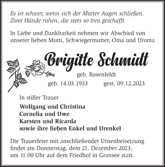 Traueranzeige von Brigitte Schmidt von Märkische Oderzeitung