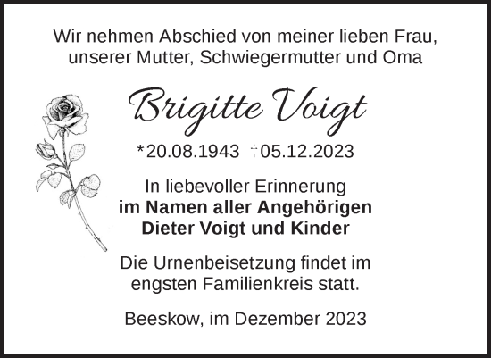 Traueranzeige von Brigitte Voigt von Märkische Oderzeitung