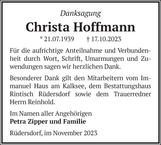 Traueranzeige von Christa Hoffmann von Märkische Oderzeitung