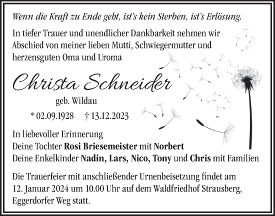 Traueranzeige von Christa Schneider von Märkische Oderzeitung