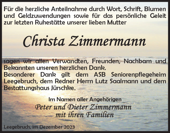 Traueranzeige von Christa Zimmermann von Märkische Oderzeitung