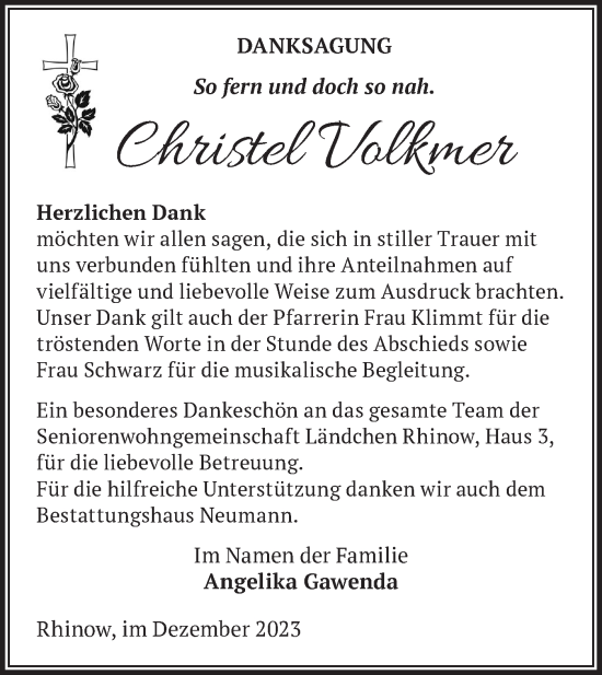 Traueranzeige von Christel Volkmer von Märkische Oderzeitung