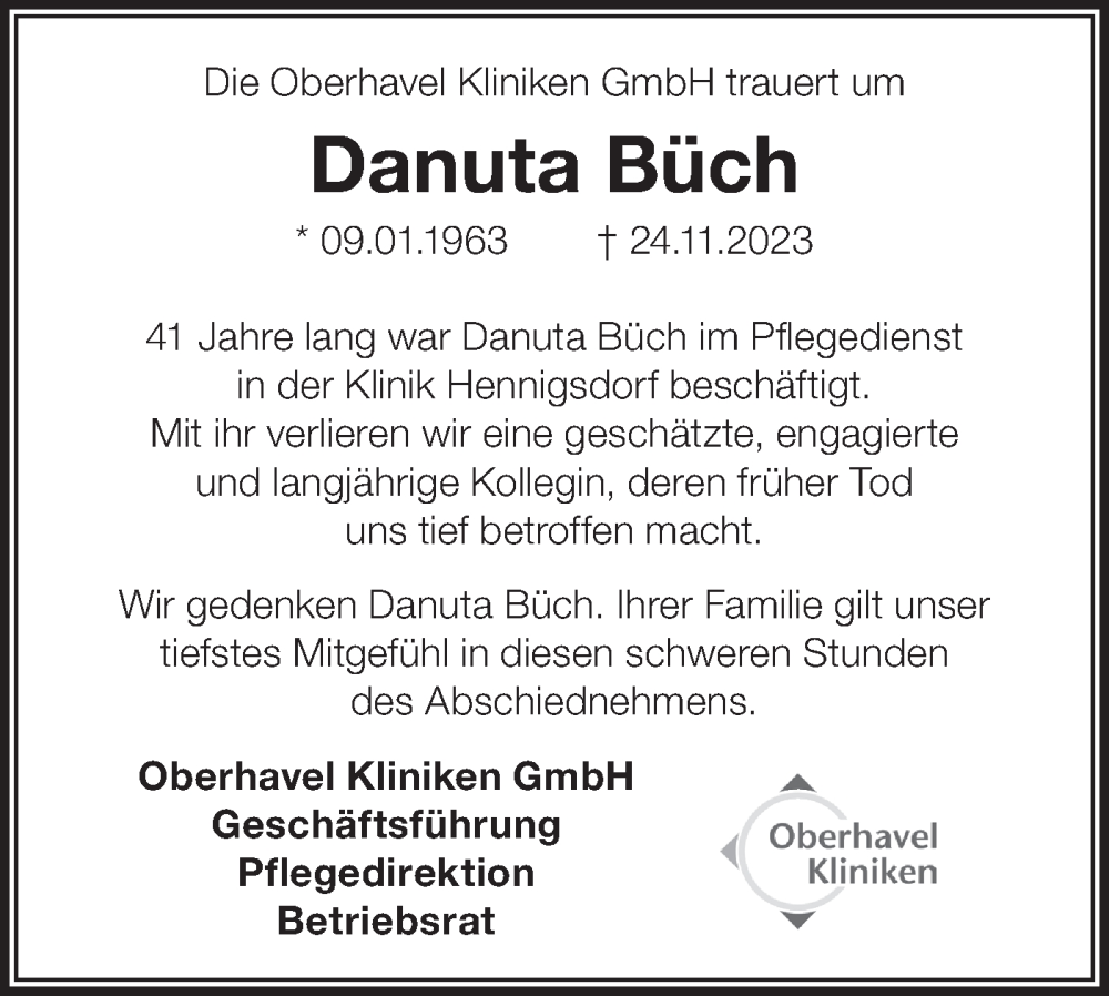  Traueranzeige für Danuta Büch vom 02.12.2023 aus Märkische Oderzeitung