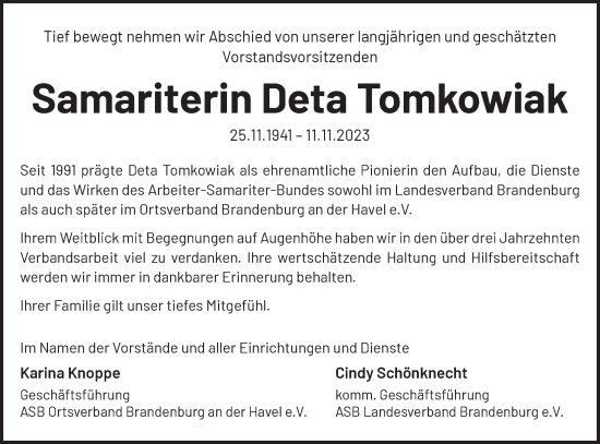 Traueranzeige von Deta Tomkowiak von Märkische Oderzeitung