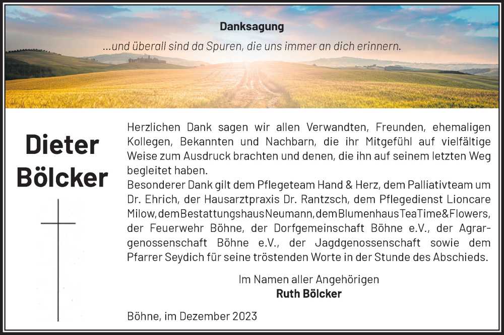  Traueranzeige für Dieter Bölcker vom 16.12.2023 aus Märkische Oderzeitung
