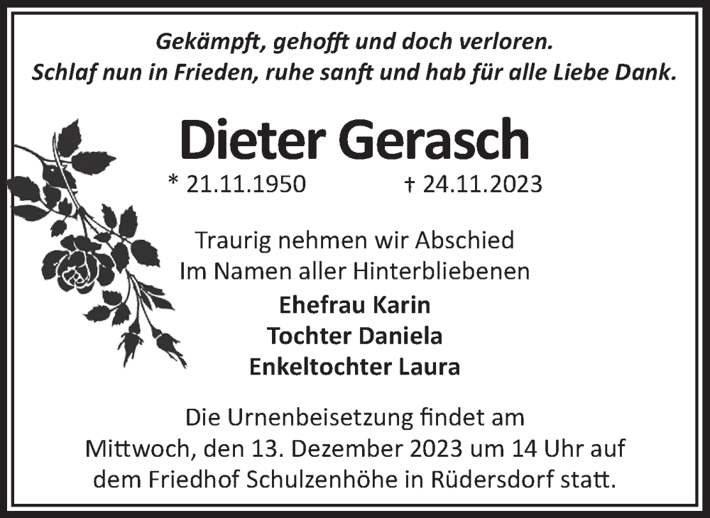  Traueranzeige für Dieter Gerasch vom 01.12.2023 aus Märkische Oderzeitung