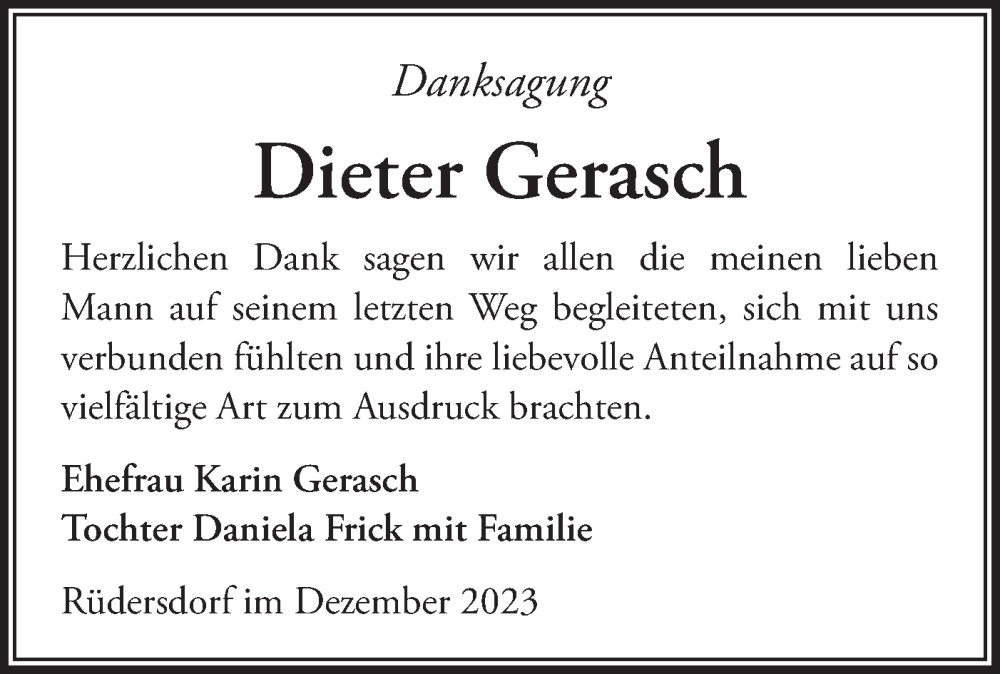  Traueranzeige für Dieter Gerasch vom 15.12.2023 aus Märkische Oderzeitung