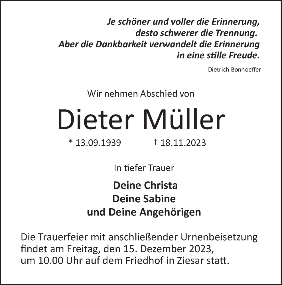  Traueranzeige für Dieter Müller vom 02.12.2023 aus Märkische Oderzeitung
