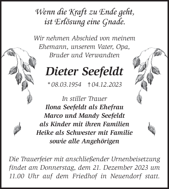 Traueranzeige von Dieter Seefeldt von Märkische Oderzeitung