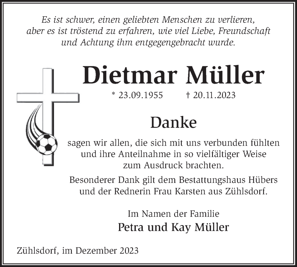  Traueranzeige für Dietmar Müller vom 16.12.2023 aus Märkische Oderzeitung