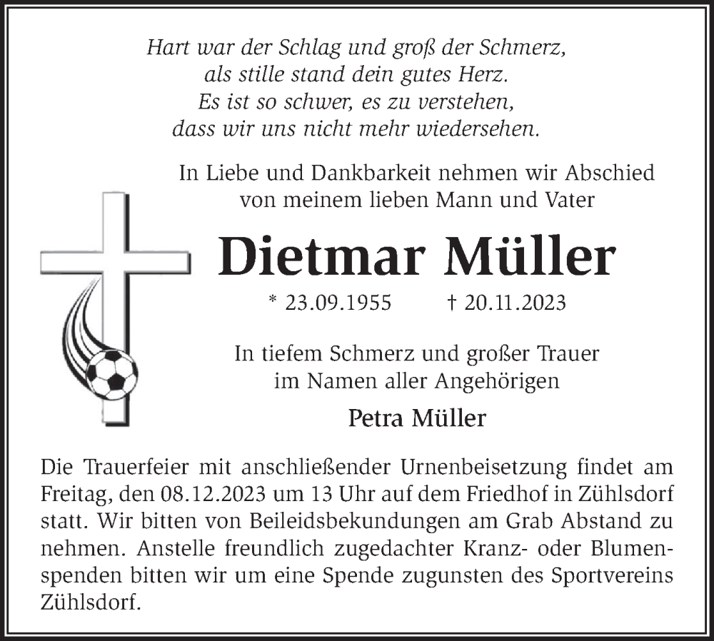  Traueranzeige für Dietmar Müller vom 02.12.2023 aus Märkische Oderzeitung