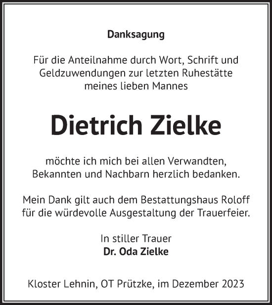 Traueranzeige von Dietrich Zielke von Märkische Oderzeitung