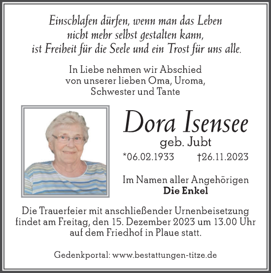Traueranzeige von Dora Isensee von Märkische Oderzeitung