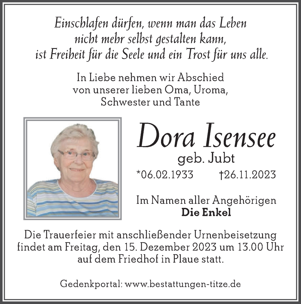  Traueranzeige für Dora Isensee vom 02.12.2023 aus Märkische Oderzeitung