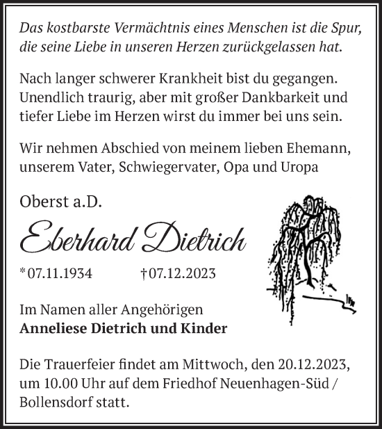 Traueranzeige von Eberhard Dietrich von Märkische Oderzeitung