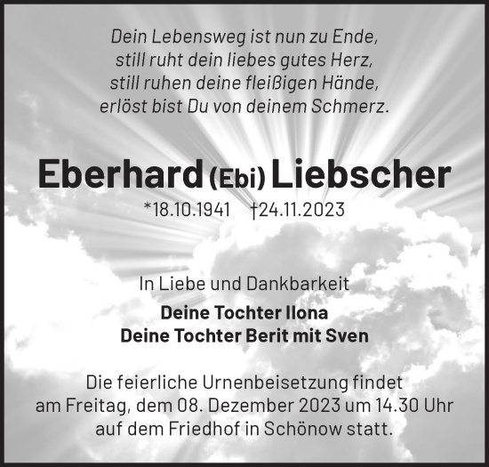 Traueranzeige von Eberhard  Liebscher von Märkische Oderzeitung