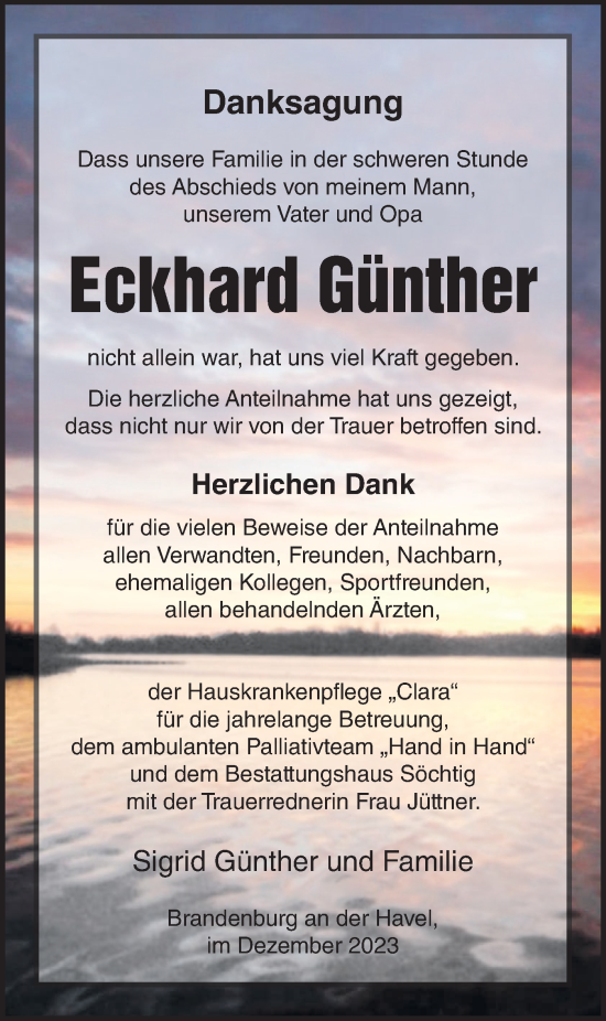 Traueranzeige von Eckhard Günther von Märkische Oderzeitung