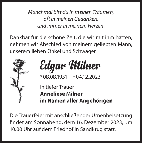 Traueranzeige von Edgar Milner von Märkische Oderzeitung