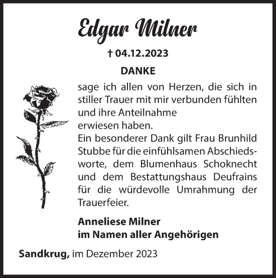 Traueranzeige von Edgar Milner von Märkische Oderzeitung