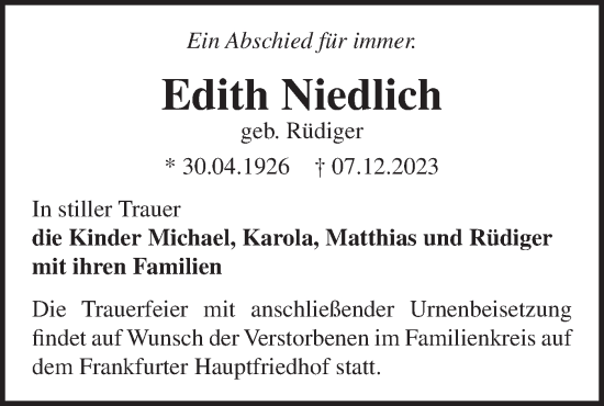 Traueranzeige von Edith Niedlich von Märkische Oderzeitung