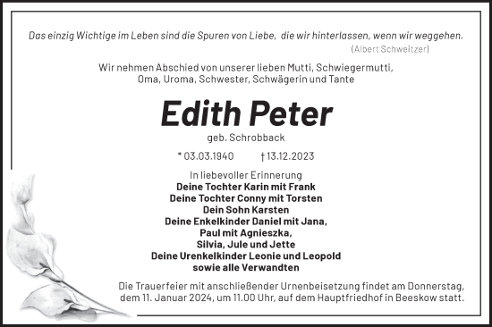 Traueranzeige von Edith Peter von Märkische Oderzeitung