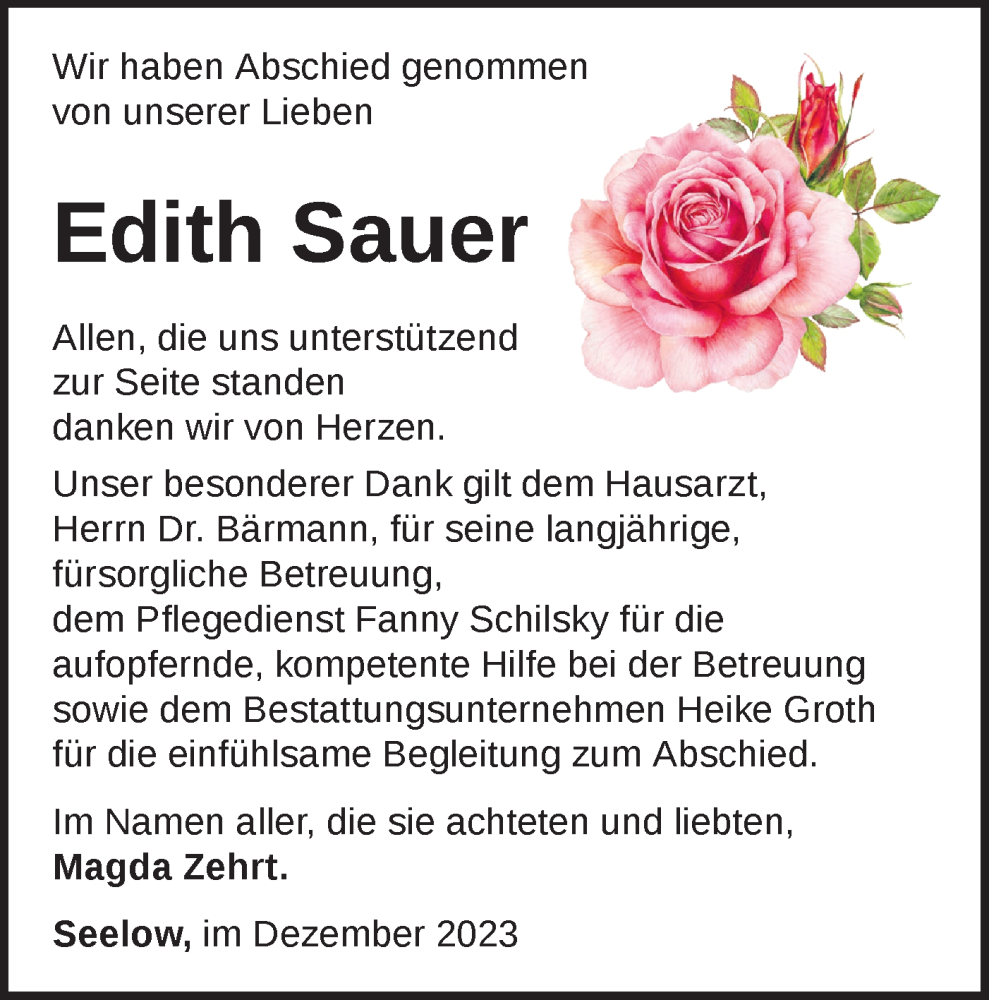  Traueranzeige für Edith Sauer vom 09.12.2023 aus Märkische Oderzeitung
