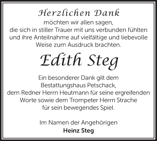 Traueranzeige von Edith Steg von Märkische Oderzeitung