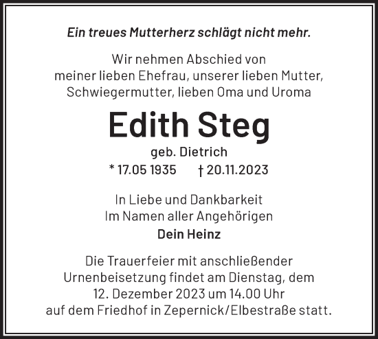 Traueranzeige von Edith Steg von Märkische Oderzeitung