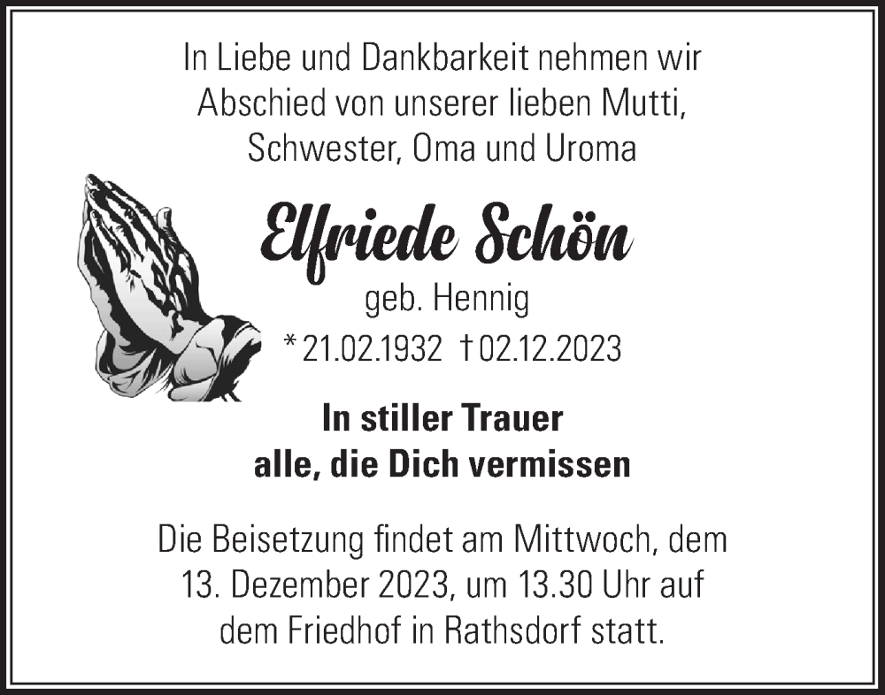  Traueranzeige für Elfriede Schön vom 07.12.2023 aus Märkische Oderzeitung