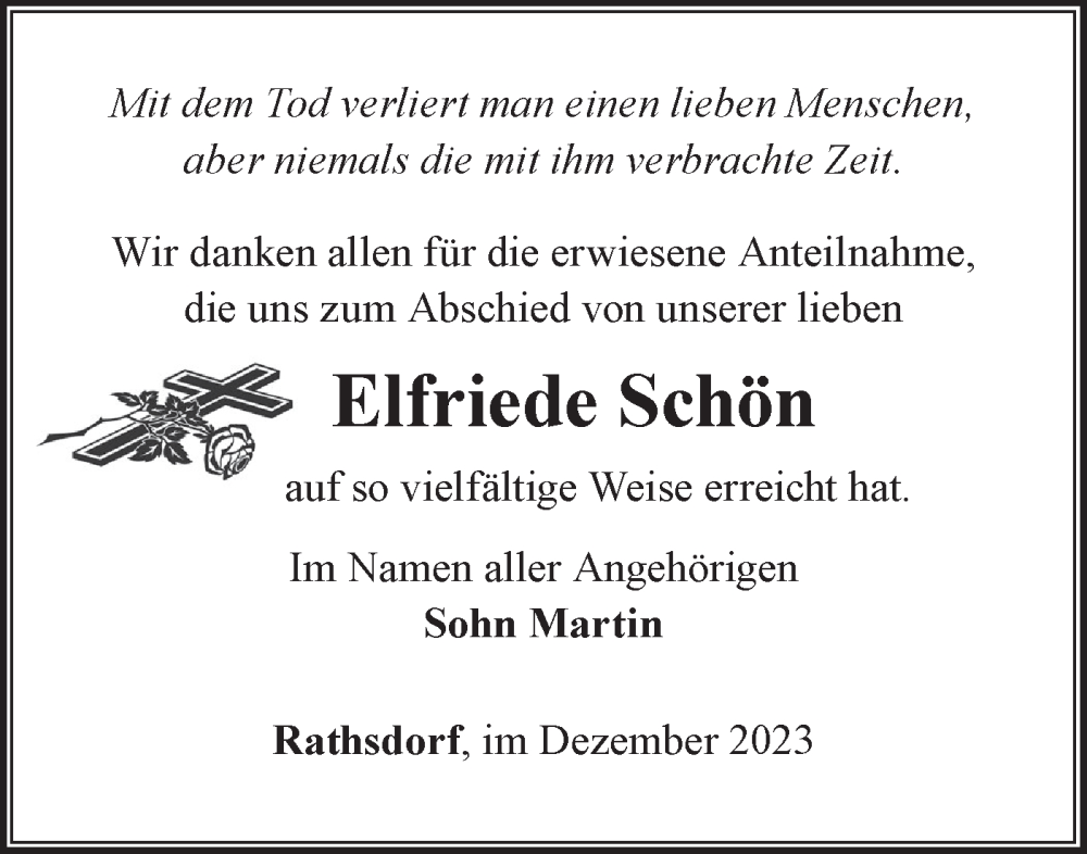  Traueranzeige für Elfriede Schön vom 21.12.2023 aus Märkische Oderzeitung