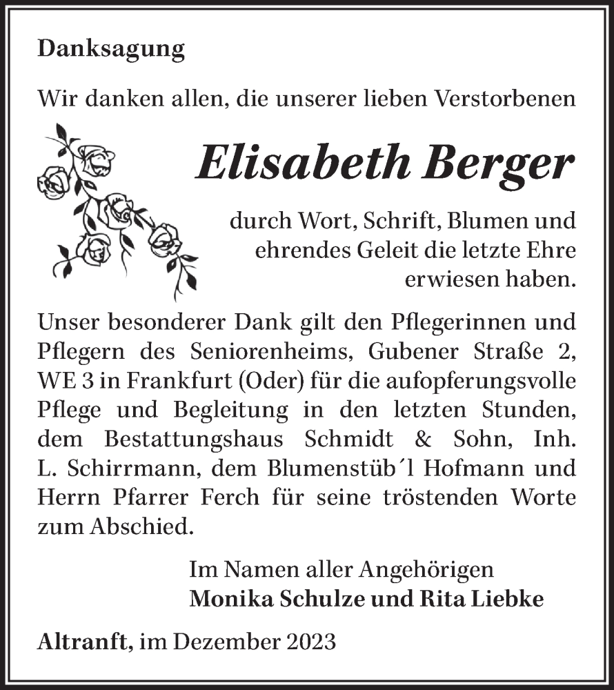  Traueranzeige für Elisabeth Berger vom 23.12.2023 aus Märkische Oderzeitung