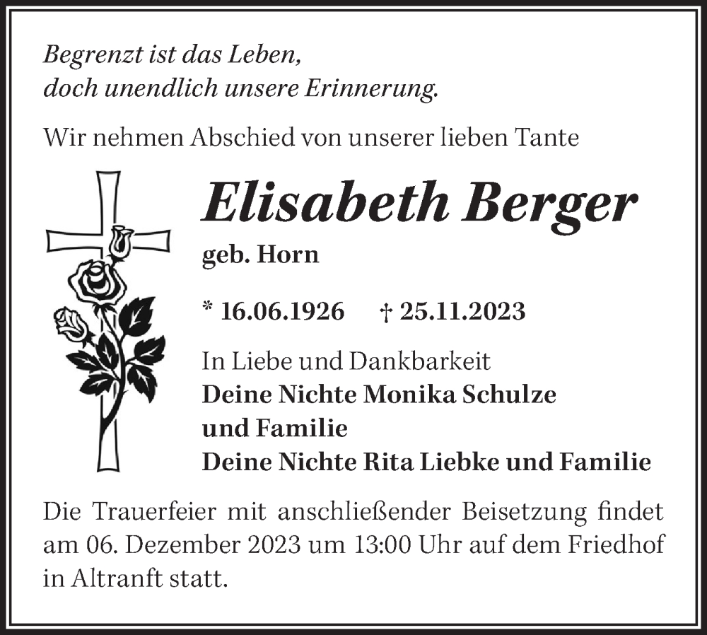  Traueranzeige für Elisabeth Berger vom 02.12.2023 aus Märkische Oderzeitung