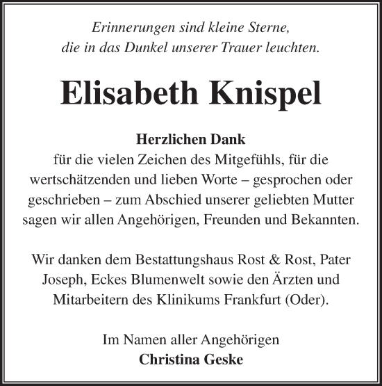 Traueranzeige von Elisabeth Knispel von Märkische Oderzeitung