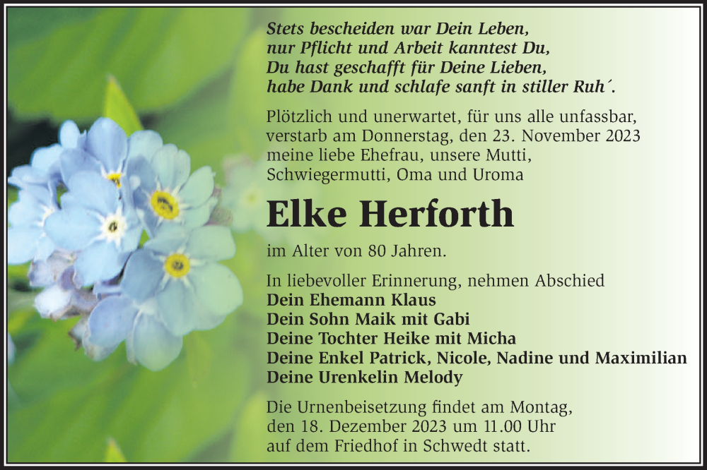  Traueranzeige für Elke Herforth vom 02.12.2023 aus Märkische Oderzeitung