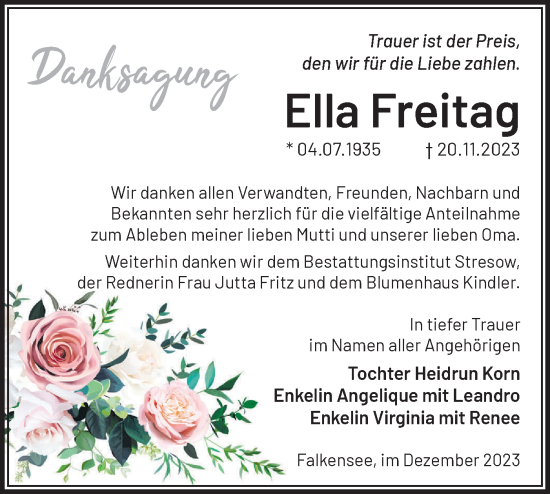 Traueranzeige von Ella Freitag von Märkische Oderzeitung